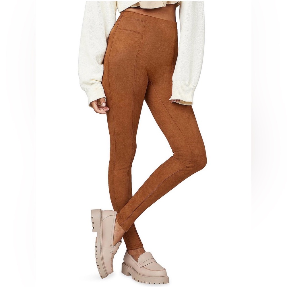 Spanx Faux Suede Leggings Small Petite Brown High Waist Shaping Pull On EUC